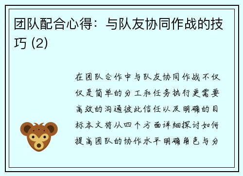 团队配合心得：与队友协同作战的技巧 (2)